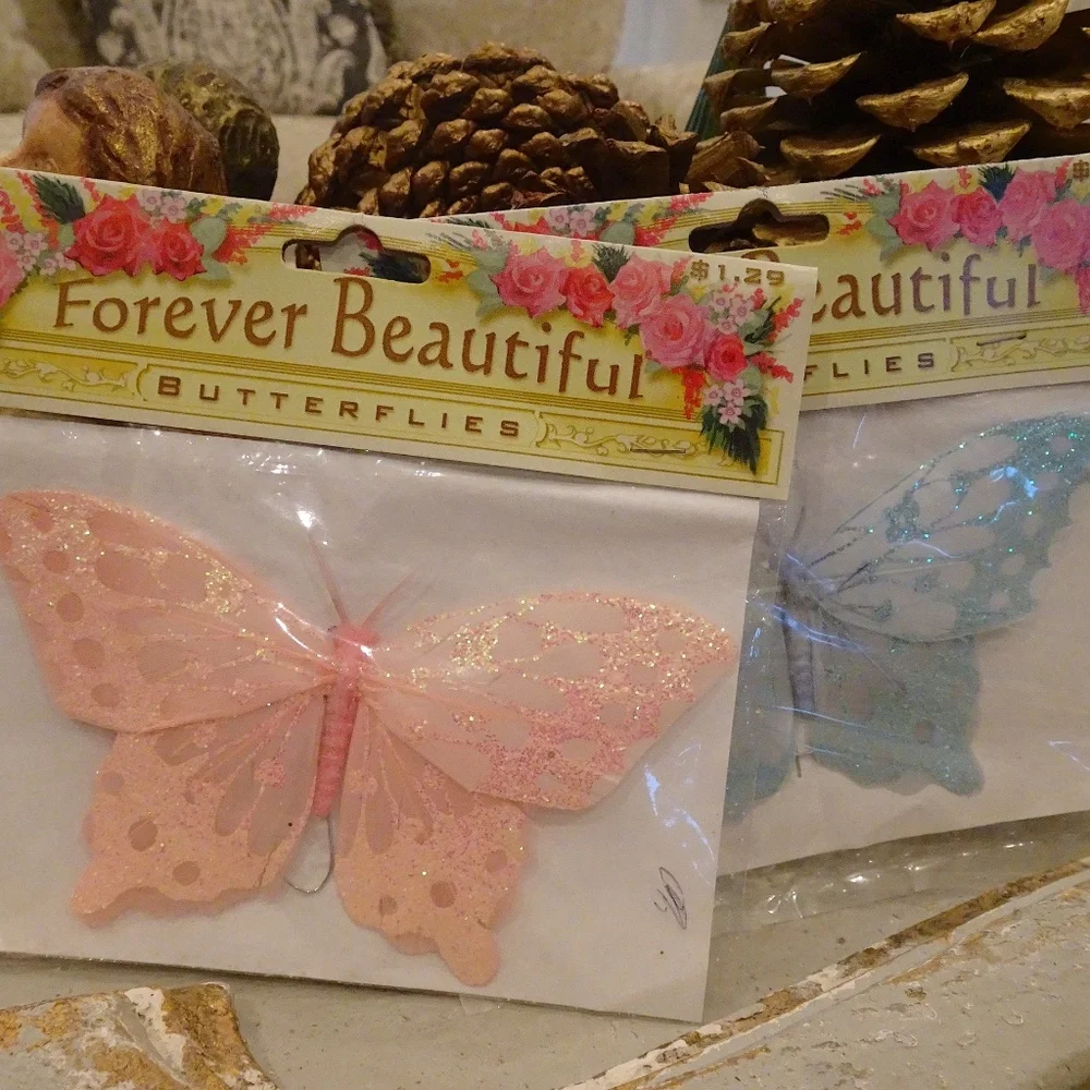 VTG Pink & Blue Glittery Feather Butterflies for Crafting - Brand New Set of 2🦋